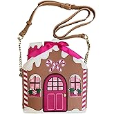 Betsey Johnson XO Holiday Kitsch Christmas Gingerbread House W/Sparkle Snow, Quilted Chimney, Candy Canes, 3D Mint Candies, Snowflakes and Pink Bow Detail Adjustable Strap Crossbody Handbag