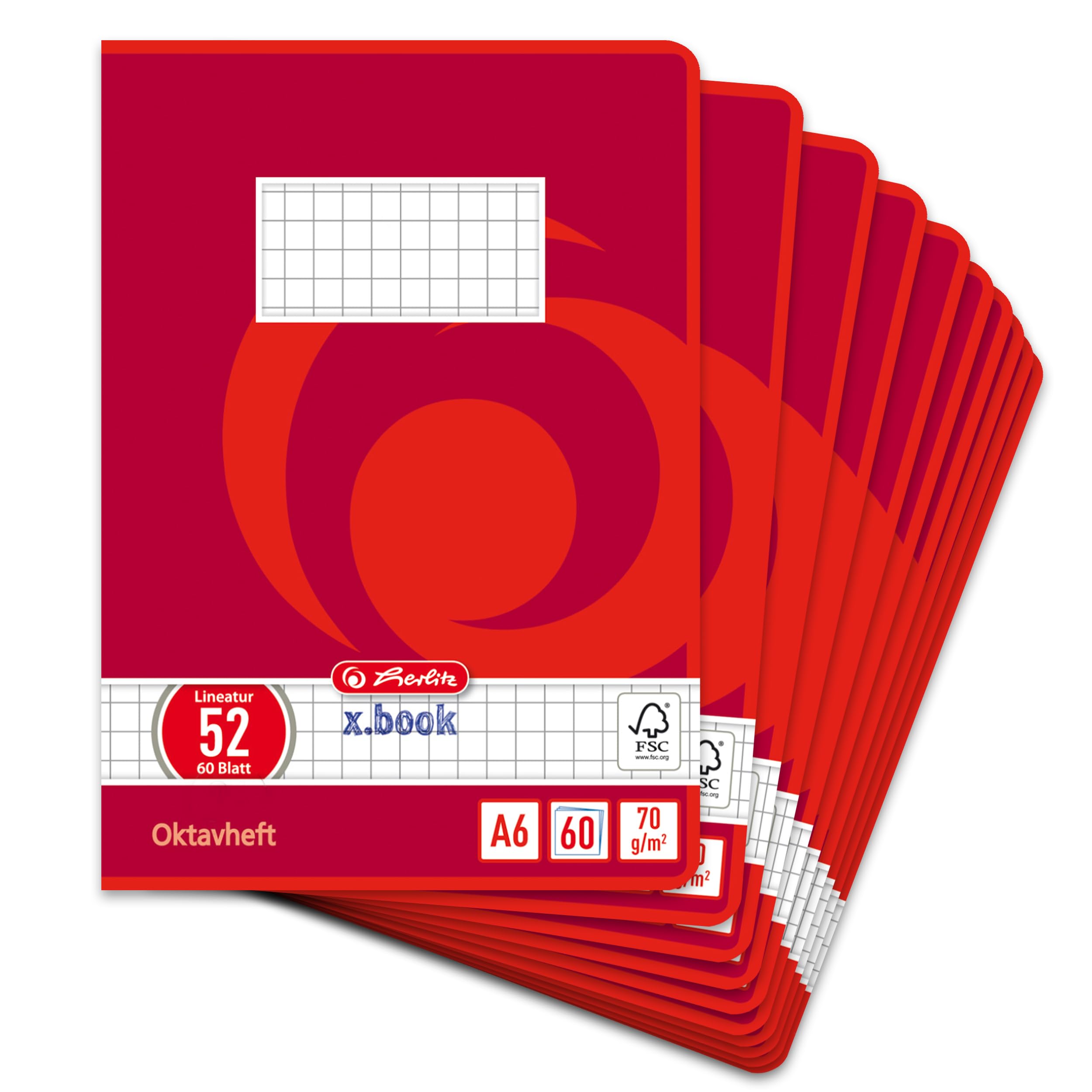 Herlitz Octave Notebook, A6, 60 Sheets, FSC Mix, Pack of 10 Chequered red