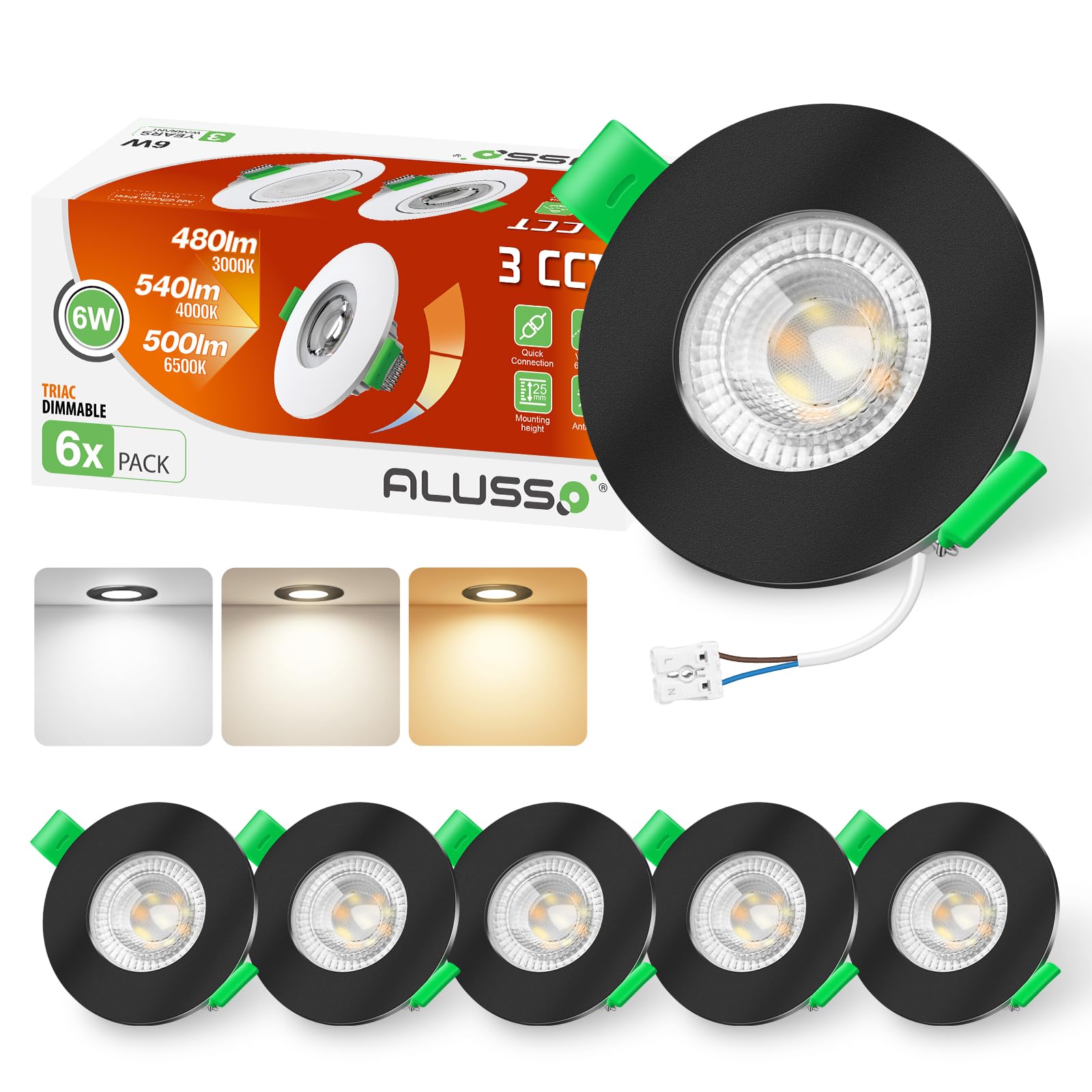 ALUSSO LIGHTING LED Recessed Ceiling Lights 6W 540lm, Ø68mm Black Downlight for Ceiling, Dimmable 3CCT Warm White 3000K Neutral White 4000K Cool White 6500K, IP44 Spotlights for Bathroom, 6Pack