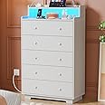 Furnulem Tall Chest of Drawers for Bedroom,5 Drawer Dresser with Charging Station and LED Light,Wood Deep Slide Drawer for Clothes,Blanket in Living Room, Closet,Entryway,White Dresser