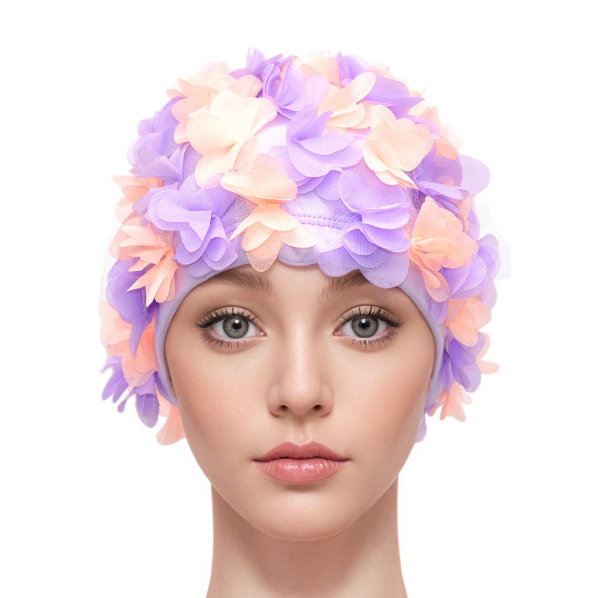 Medifier Lace Vintage Swim cap Floral Petal Retro Style Bathing Caps for Women (Purple and light pink)