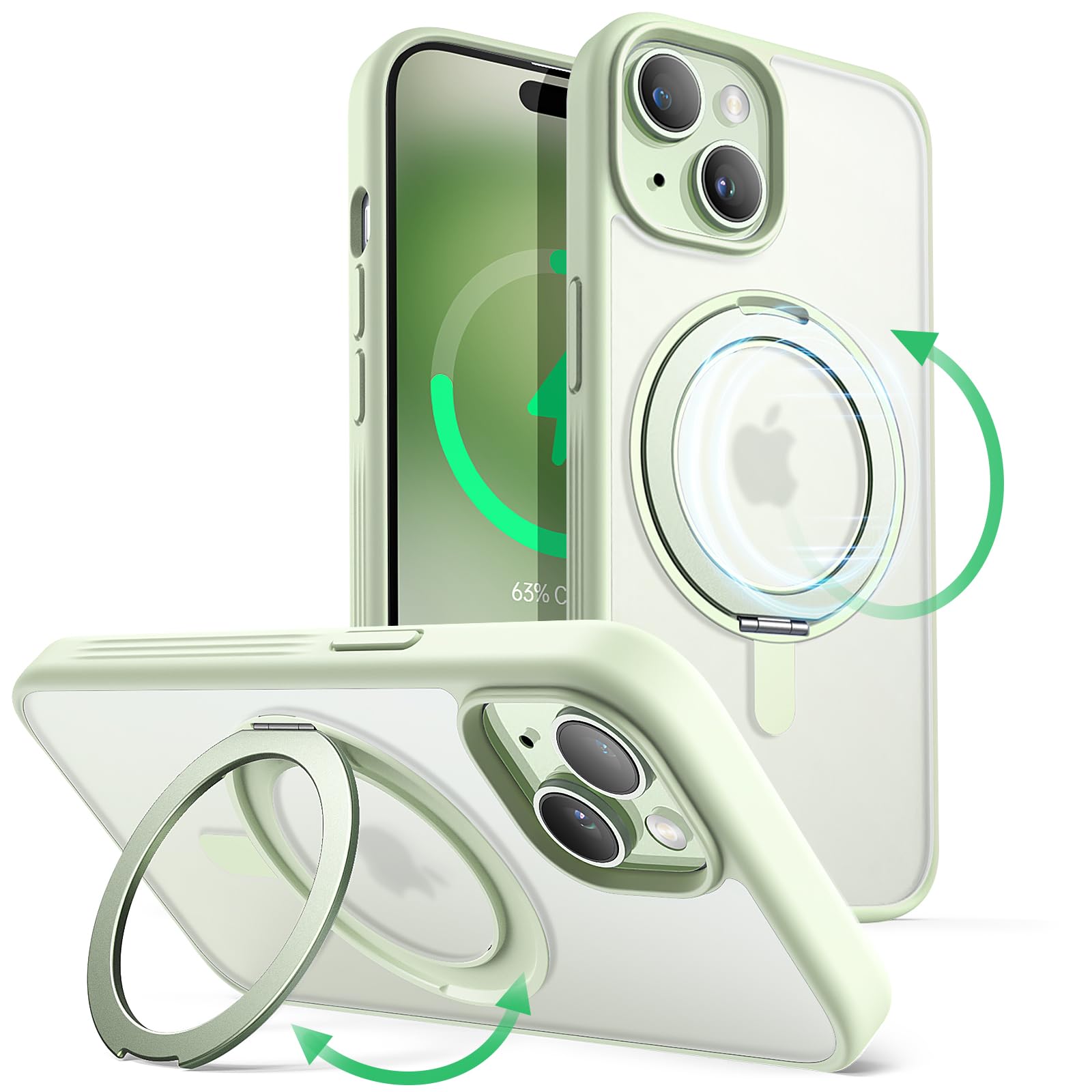 JETech 360 Degree Rotatable Ring Case for iPhone 15 6.1-Inch Compatible with MagSafe, Slim Shockproof Phone Cover with Stand & Ring Holder (Green)