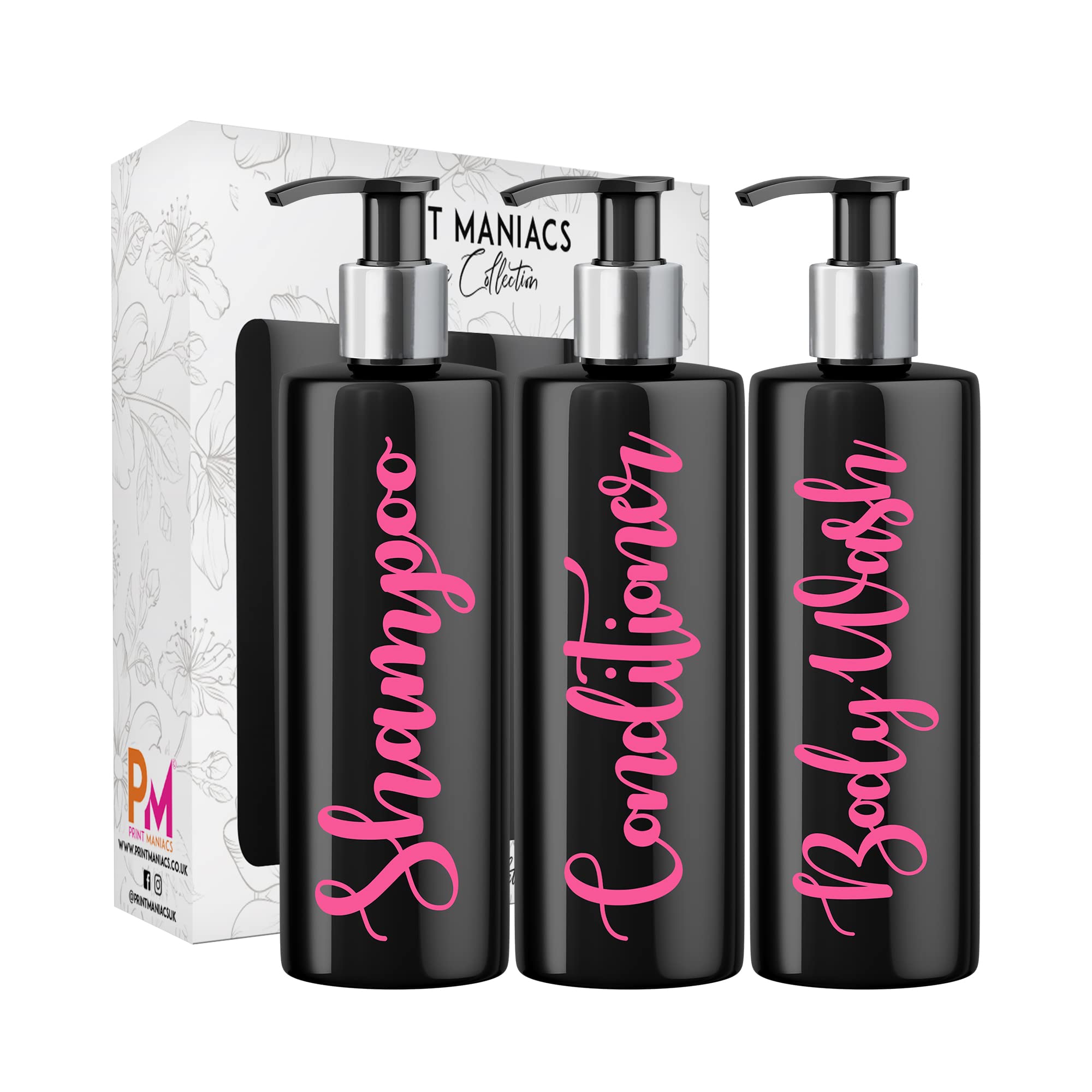 Print Maniacs 3 Set Mrs Hinch Inspired Black Personalised Dispenser Pump Bottles Shampoo Conditioner Body Wash (Baby Pink)