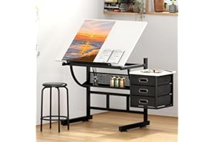 TimberVibe Studio Adjustable Angle Drafting Table with 3 Storage Drawers & Stool, Multi-Function Folding Drawing Desk, White 