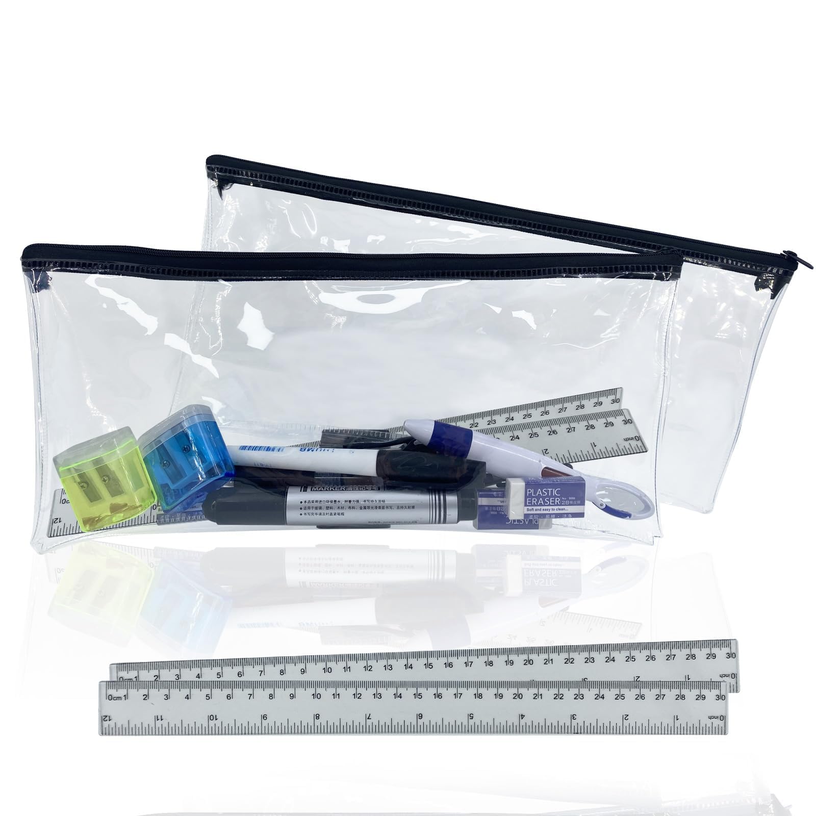 2 PCS Clear Pencil Case Large with 2 PCS 30cm Ruler, 32cm Black Zip Clear See Through Pencil Case for Exams School Office Travel