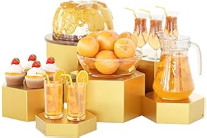 YFEEN Metal Buffet Risers,6PCS Hexagonal Jewelry Display Risers 2.76 in to 4.02 in Market Display Stands Metal Showcase for Catering Dessert Figures Decoration (Gold, 2.76IN to 4.02IN)