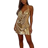 Women's Sexy Halter Neck Sequin Mini Dress Open Back Side Split Sleeveless Glitter Dresses for Party Night Out Clubwear