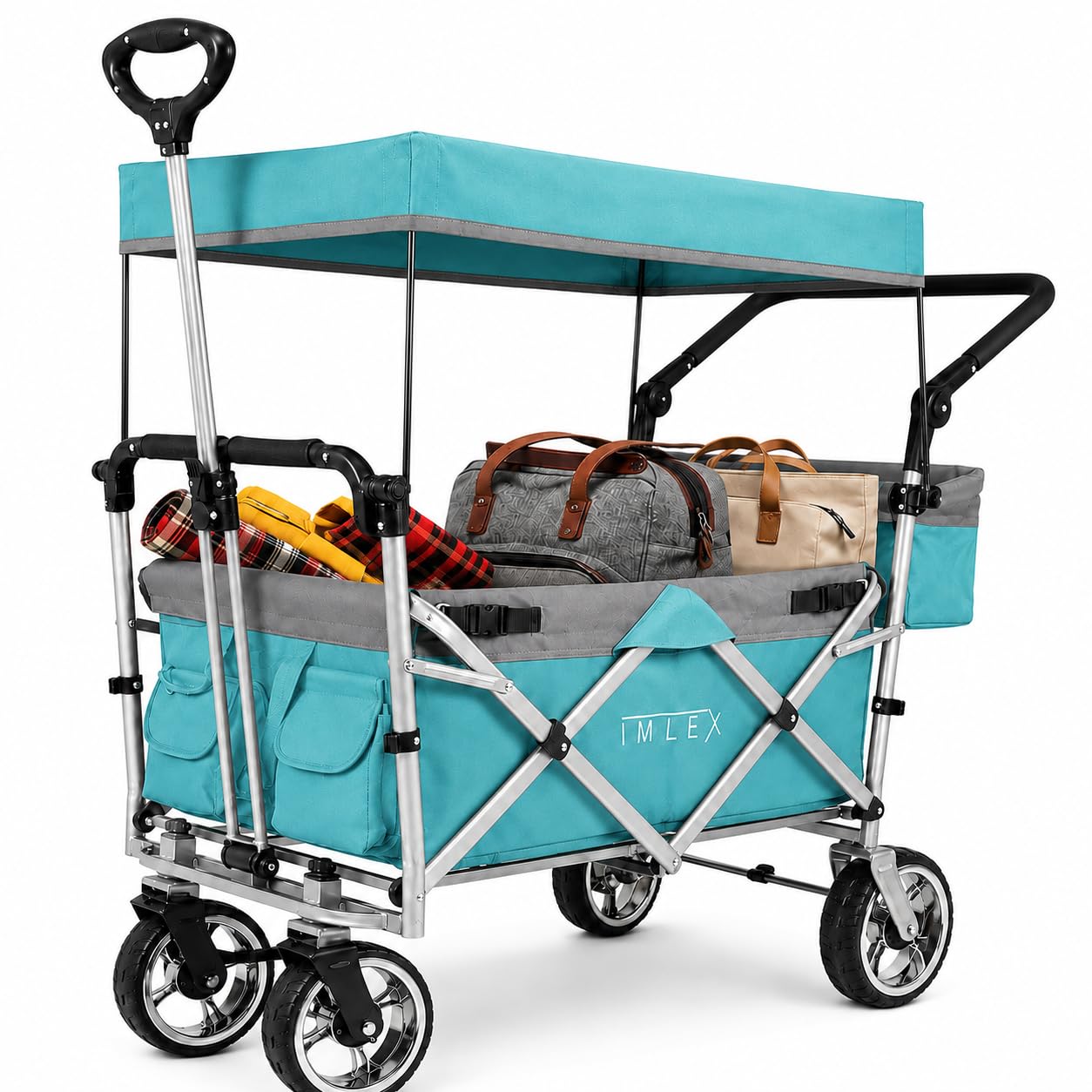 IMLEX Bollerwagen faltbar XXL mit Dach – Handwagen für 2 Kinder bis 80 kg – Schiebegriff & Zugstange – Geländereifen – kompakt klappbar für Strand, Camping, Garten, Zoo & Freizeit IM-4268 Türkis