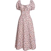 Women Summer Dresses Vintage Square Neck Adjustable Bust Floral Dress Short Sleeve A-Line Dress Strap