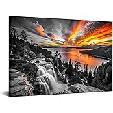 iKNOW FOTO Lake Tahoe Wall Art 24x36 Inch Black and White Landscape with Color Sunset Over Lower Eagle Falls and Emerald Bay Photography Canvas Print for Living Room Office Bedroom Decor Ready to Hang