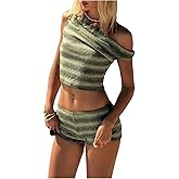 GORGLITTER Women's 2 Piece Striped Outfits Off The Shoulder Crop Tops and Mini Shorts Set Tailgate Outfit
