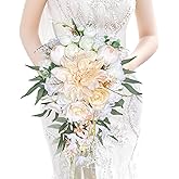 LCiclly 10 Inch Cascading Bouquets for Bride Fall Wedding Bridal Bouquet Large Champagne Beige Ivory White Rose Artificial Silk Flower Boho Rustic Vintage Ceremony Anniversary Decor Toss Bouquet