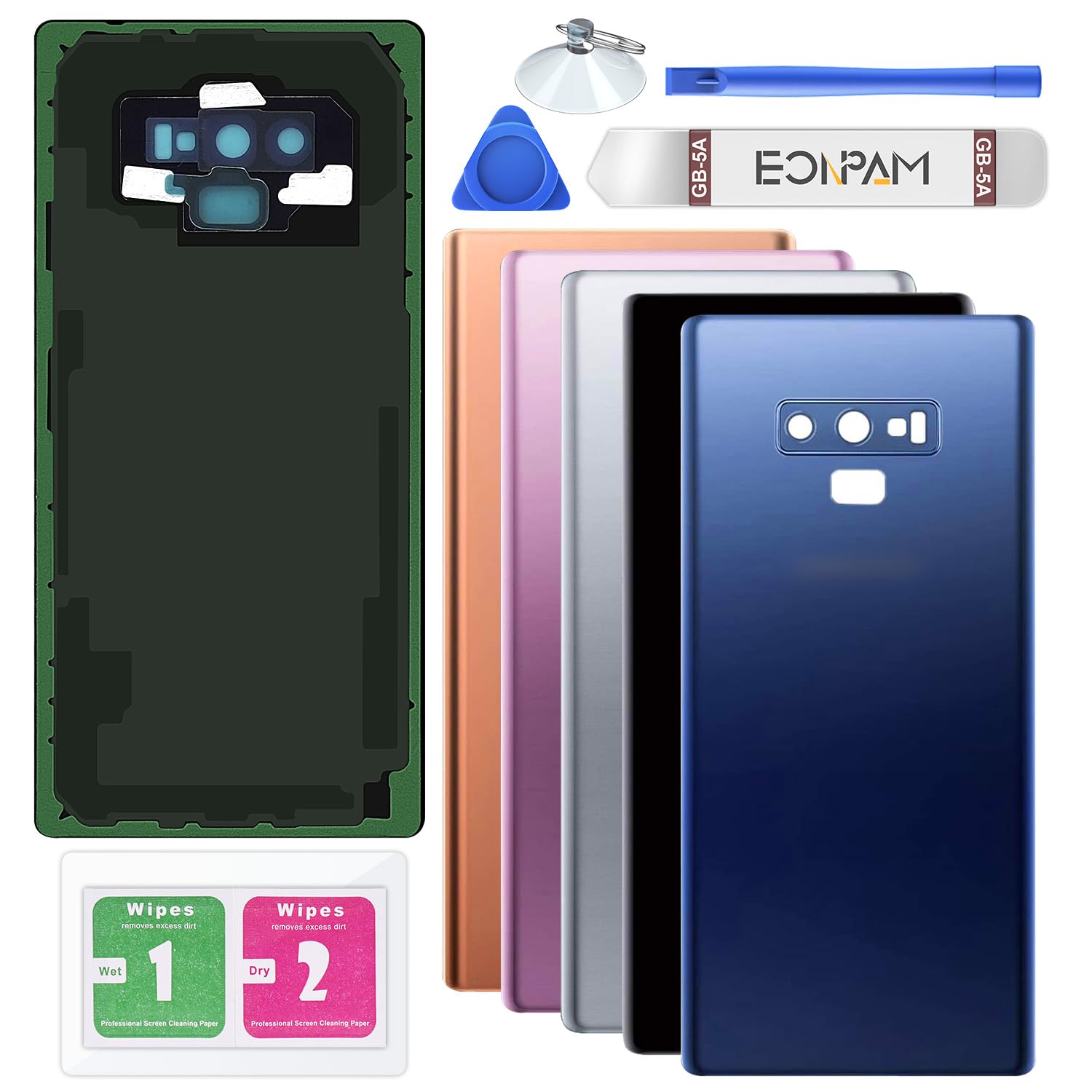 Eonpam Back Cover Glass for Samsung Galaxy Note 9 N960 Rear Glass Replacement with Camera Lens + Repair Kit Genuine Rear Housing (Blue)