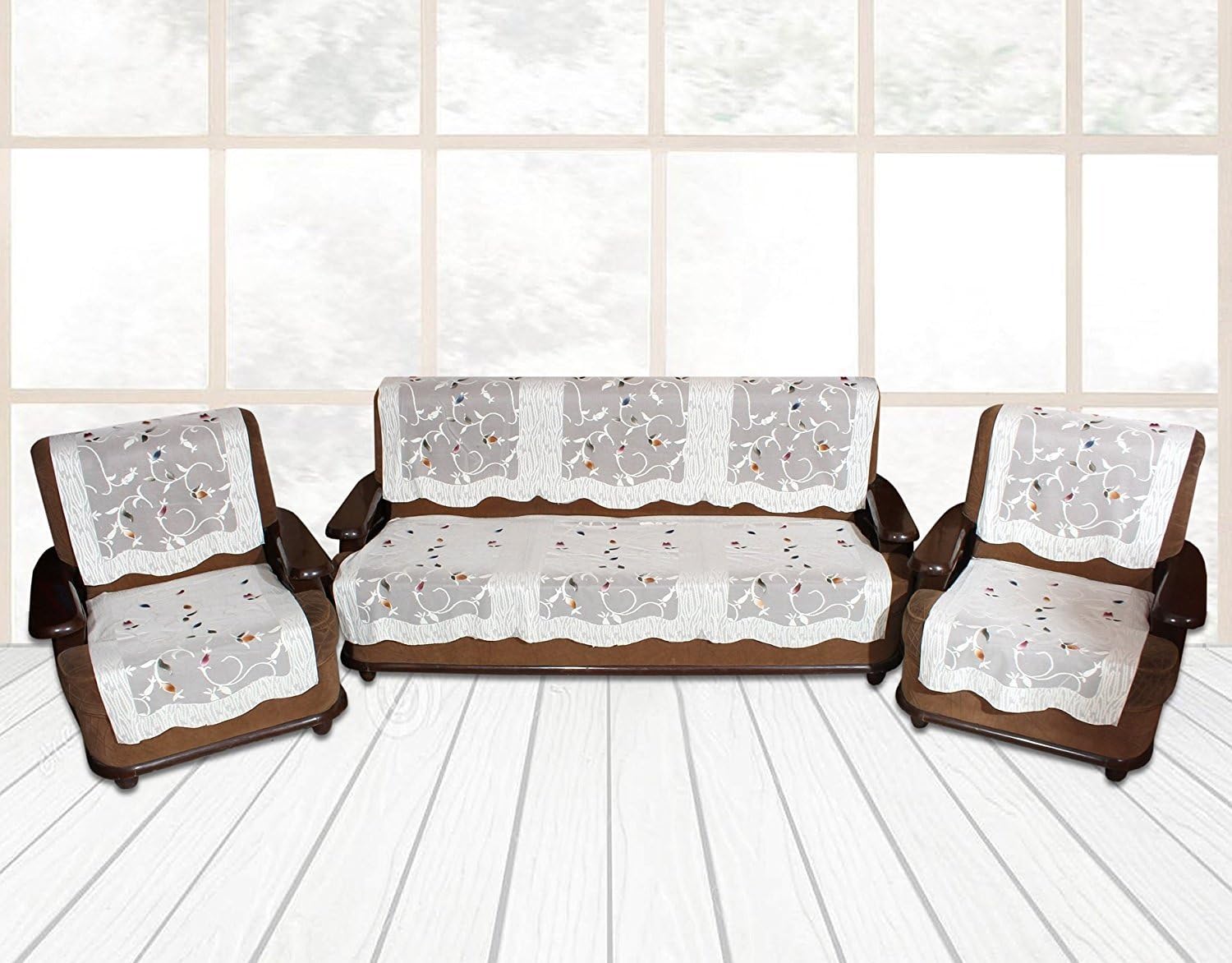 Zesture 6 Piece Floral Net Sofa and Chair Cover Set- 5 Seater