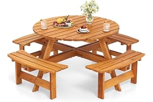 Giantex 8-Person Round Picnic Table Set with 4 Benches, 550 LBS Bench Capacity, 2" Umbrella Hole, Circular Outdoor Wood Dinin