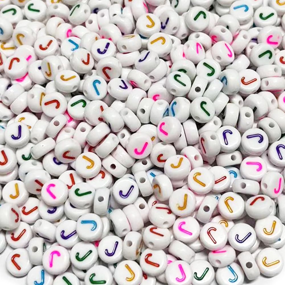 500PCS 4x7mm Acrylic Letter Beads J for Friendship Bracelets Jewelry Making, White Flat Round Acrylic with Colourful Alphabet Beads for DIY Crafts Bracelets Necklaces Key Chains Phone Lanyard