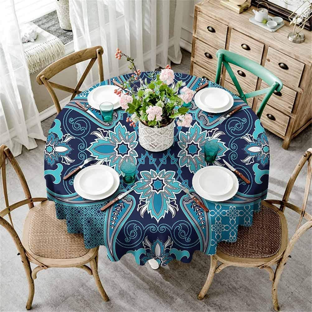Navy Blue Decor Polyester Round Tablecloth Floral Paisley Design