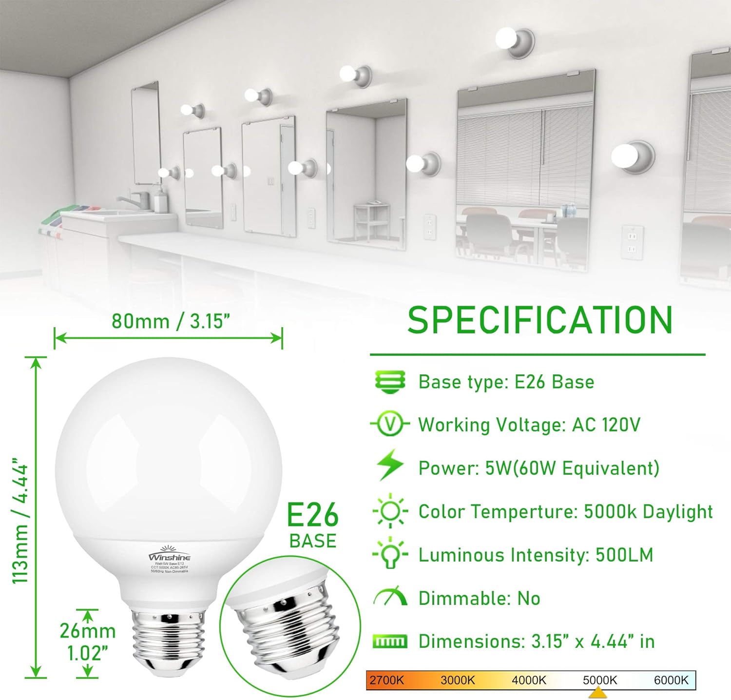 G25 LED Globe Light Bulbs, 5000K Daylight Vanity Mirror Light Bulbs for Bathroom E26 Medium Screw Base 60W Equivalent, Bedroom Vanity Makeup Mirror Lights Non-dimmable, Pack of 4 - - 