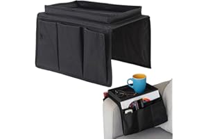 Couch Caddy Armrest Organizer, Black Oxford Fabric Storage Bag with Tray, Space-Saving, Waterproof, Ideal for TV Remotes, Mag