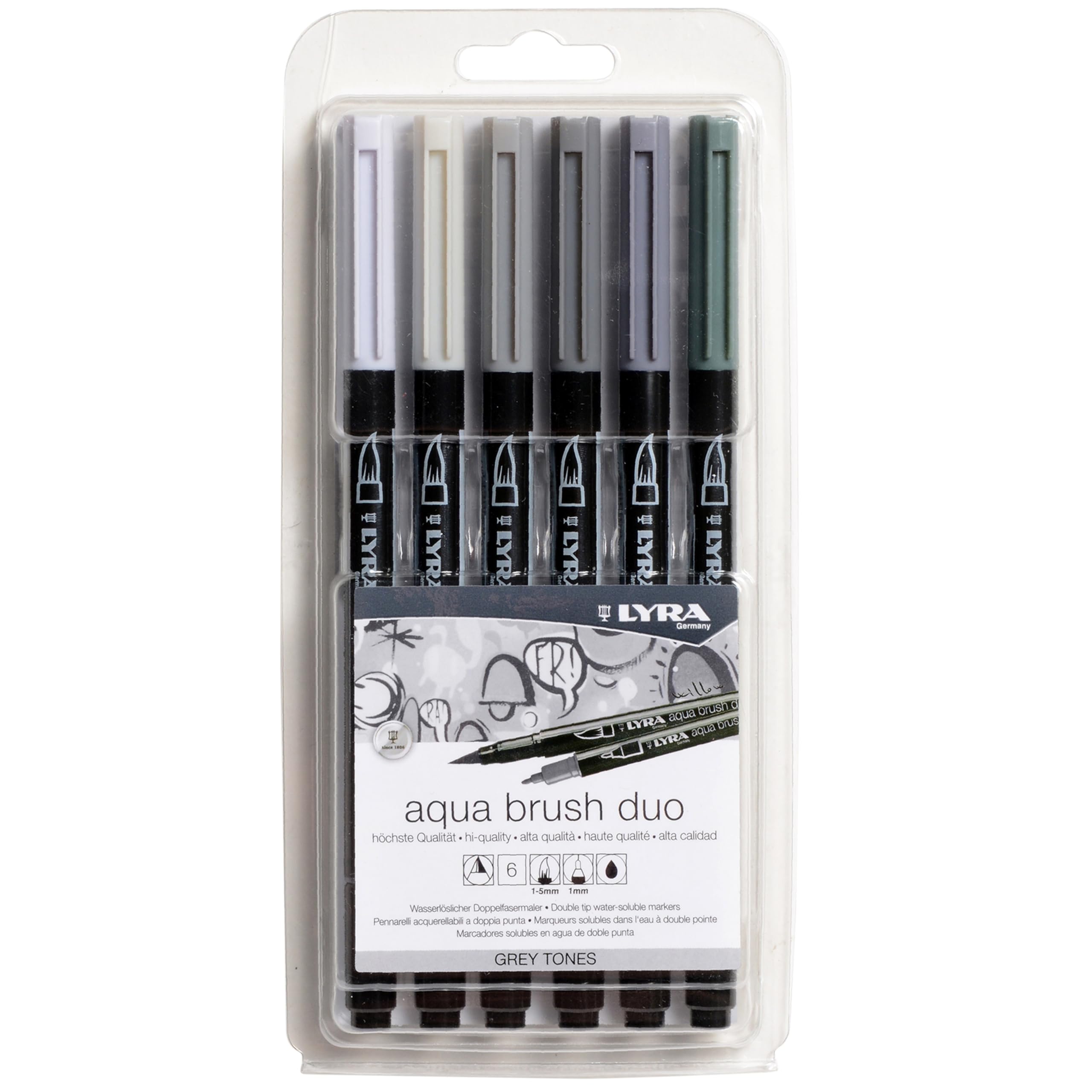 LYRA Aqua Brush Duo, Fine Art Brush Marker Set, Dual Tip, 6 Assorted Grey Tone Colours, Water Soluble Pens, For Professionals & Students
