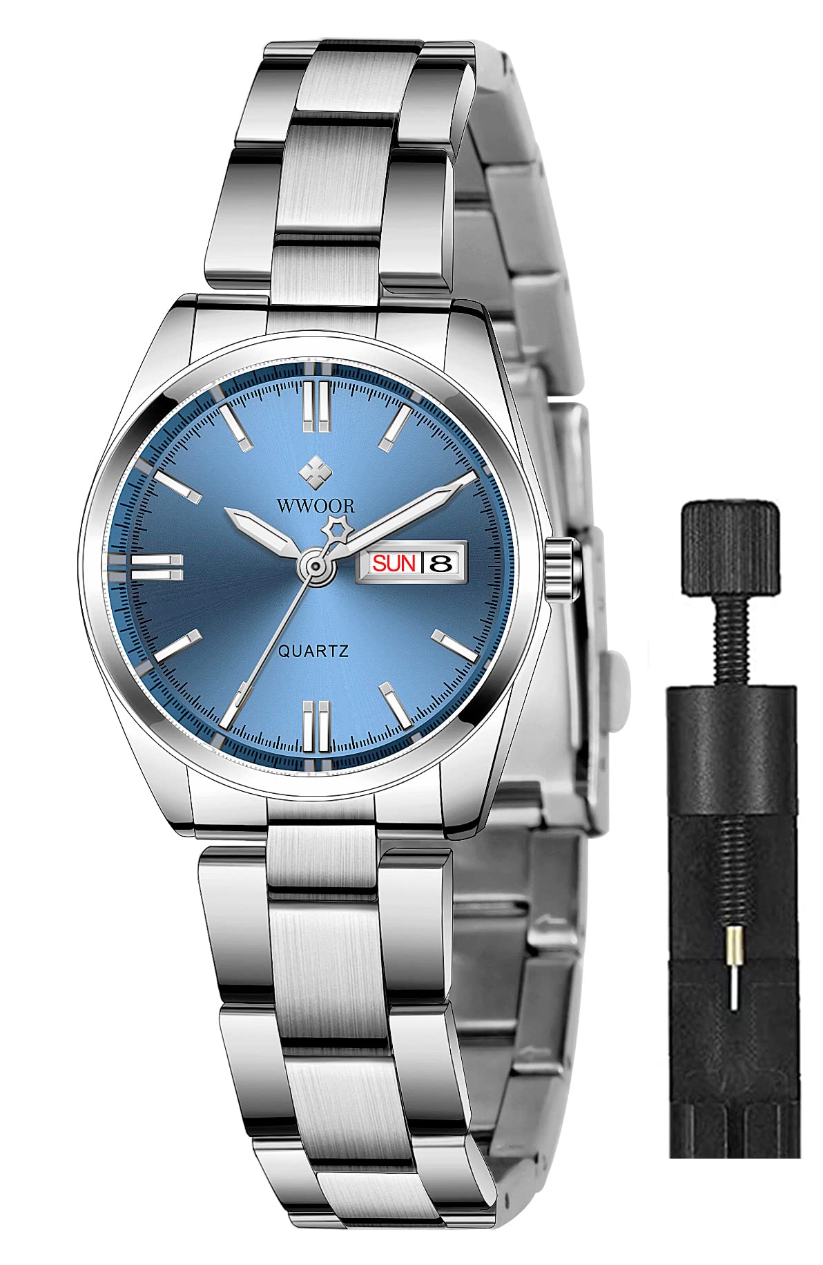 Gosasa Women's Silver Stainless Steel Band Wrist Watches Fashion Quartz Analog Watch Small Face Ladies Dress Watch, Silver Blue, Casual