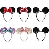 Sotaila 6 Pack Sequin Mouse Ears Headbands for Women Girls boys, Shiny Bows Headband for Cosplay Costume Birthday Party Decorations Hair Accessories