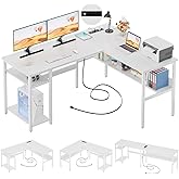 Unikito Reversible L Shaped Computer Desk with Magic Power Outlets and USB Charging Ports, Sturdy Corner Desk with Storage Shelves, Durable Work Desk for Home Office, Easy to Assemble, White