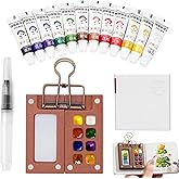 Mini Watercolor Paint Set, Tiny Mini Paint Palette Travel Kit, Portable Pocket Artist Water Color Travel Set with 12 Colours, Sketchbook, Watercolor Pens, 8 Grid Paint Box For Painters and Artists
