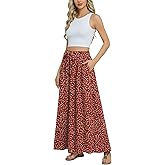 Askyes Womens Maxi Skirt Summer Trendy Tie Knot Elastic High Waisted Boho Casual Beach Flowy Swing Long Skirts with Pockets