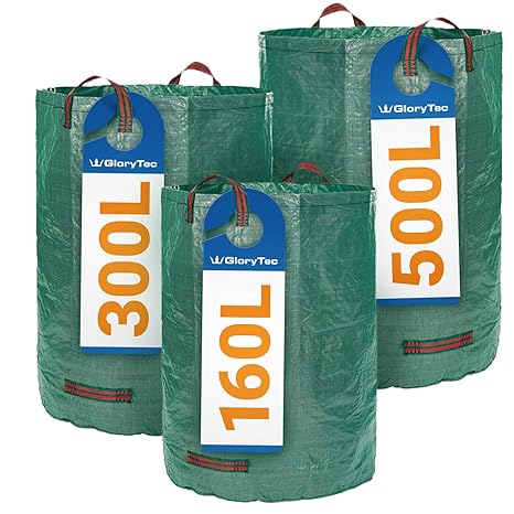 Glorytec 3X Gartenabfallsack 160L + 300L + 500L - 3 Premium Gartensack im Set - Stabile Gartensäcke aus Extrem Robustem Polyp