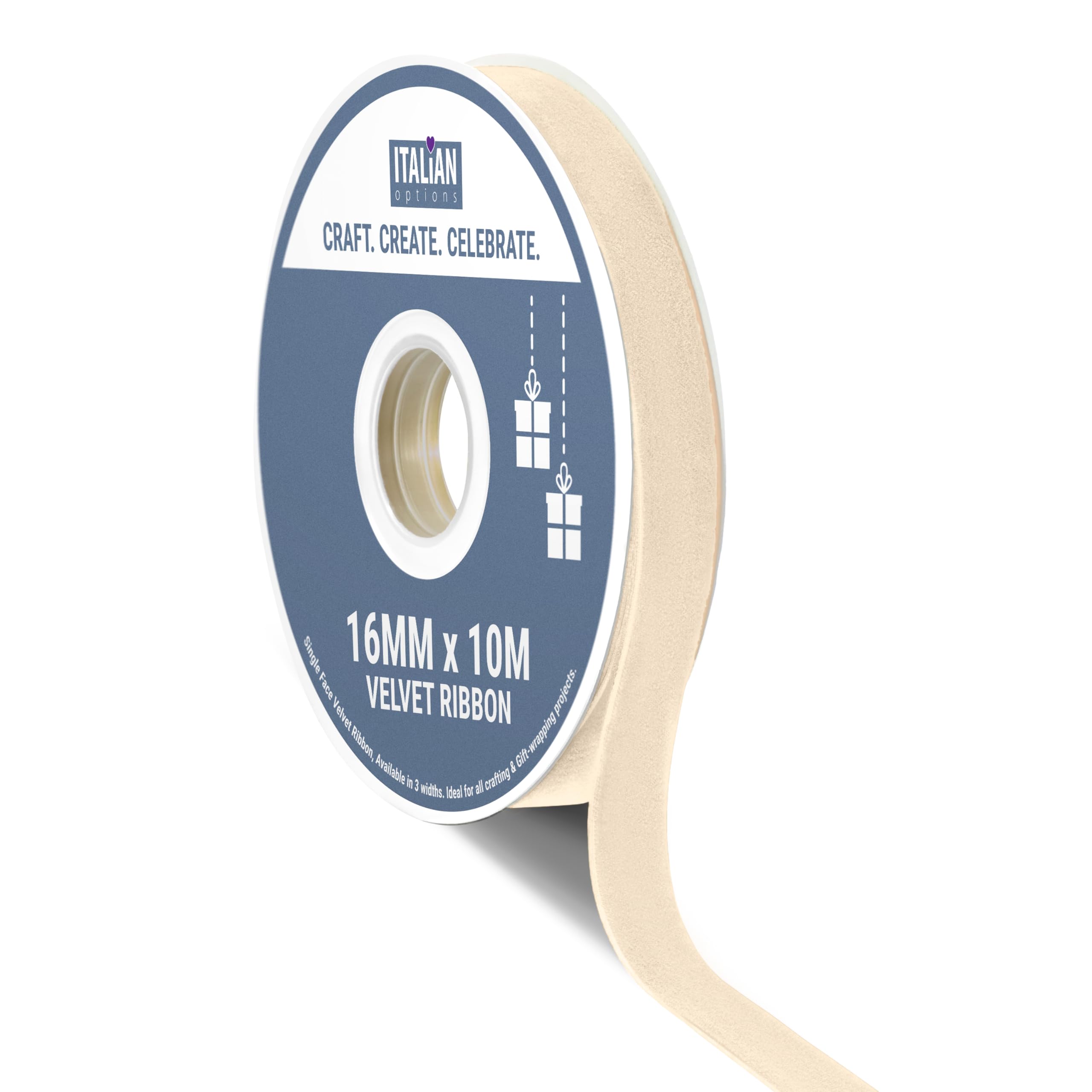 Italian Options Velvet Ribbon, Luxury, Single-Face Velvet Ribbon for Crafting, Christmas, Bows, Hair, Cakes, Weddings, Ornaments, Gift Wrapping, Flowers, 16mm 10 Metre Roll, Champagne