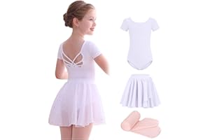MdnMd Girls Ballet Leotards Combo with Tights Skirt Removable Toddler Ballerina Dance Dresses Soft Outfit Short Sleeve
