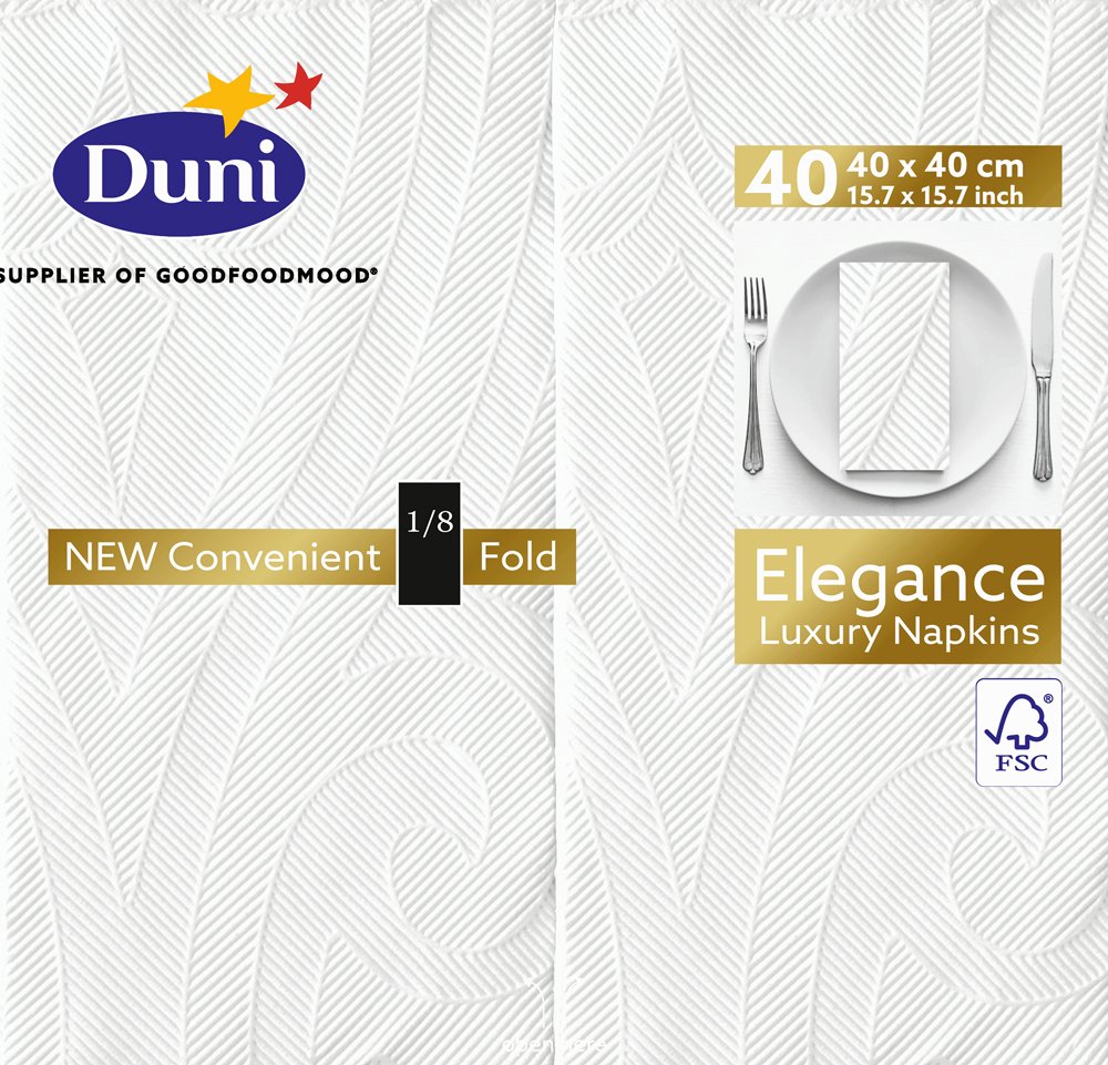 Duni 171664 Elegance Large Prefolded Dinner Napkins, Prefolded (1/8), 40 cm x 40 cm, White