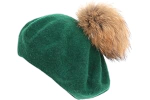 Ayuduots Big Pompom Women Beret, Furry Faux Fur Ball Artist Beret Hat for Girls, Vintage Spring Autumn Wool Knitted Cap