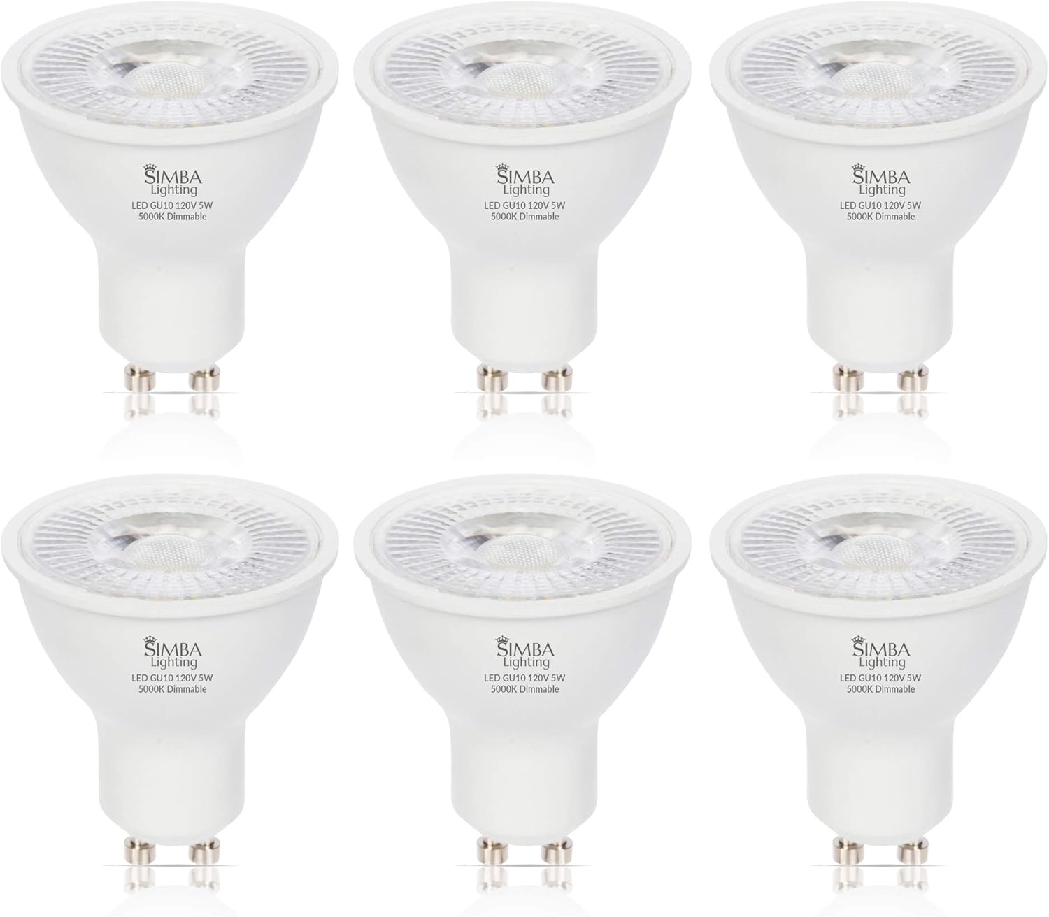 Simba Lighting LED GU10 5W Dimmable Spot Light Bulb (6 Pack) Halogen 50W Replacement MR16 Shape for Accent, Recessed, Track Lighting, 38° Beam Angle, 120V, Twist-N-Lock Bipin Base, 5000K Daylight
