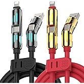 MFish 240W 4-in-1 USB Charging Cable, 2 Pack 6.6FT, Fast Charger Cord, USB-A & Dual USB-C to USB-C/Lightning, for iPhone 17/16/15/14, iPad, MacBook & More (2PACK, Black+Red, 6.6Ft)