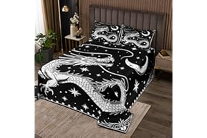 Feelyou Dragon Bedspread Chinese Dragon Bedspread for Kids Boys Girls Boho Moon Galaxy Dragon Coverlet Set Black White Quilte
