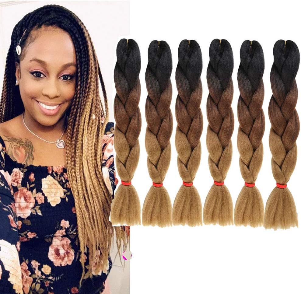brown braiding hair 6pcs ombre jumbo braids extension 24inchbhot water setting synthetic fiber hair for braiding crochet twist box braids hair (Black/Dark Brown/Light Brown)