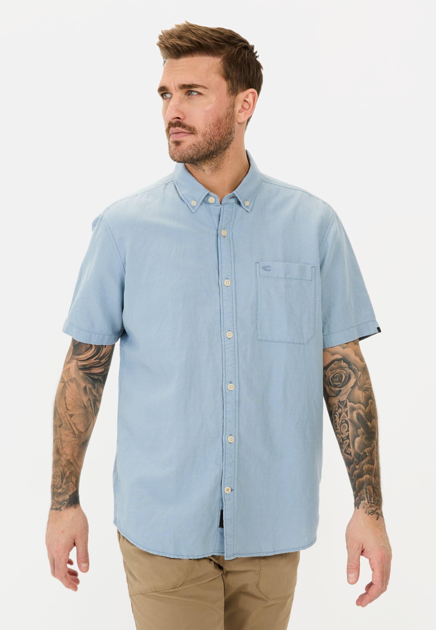 camel active Herren Kurzarmhemd aus einem Baumwoll-Leinenmix Hellblau, Menswear-S 2