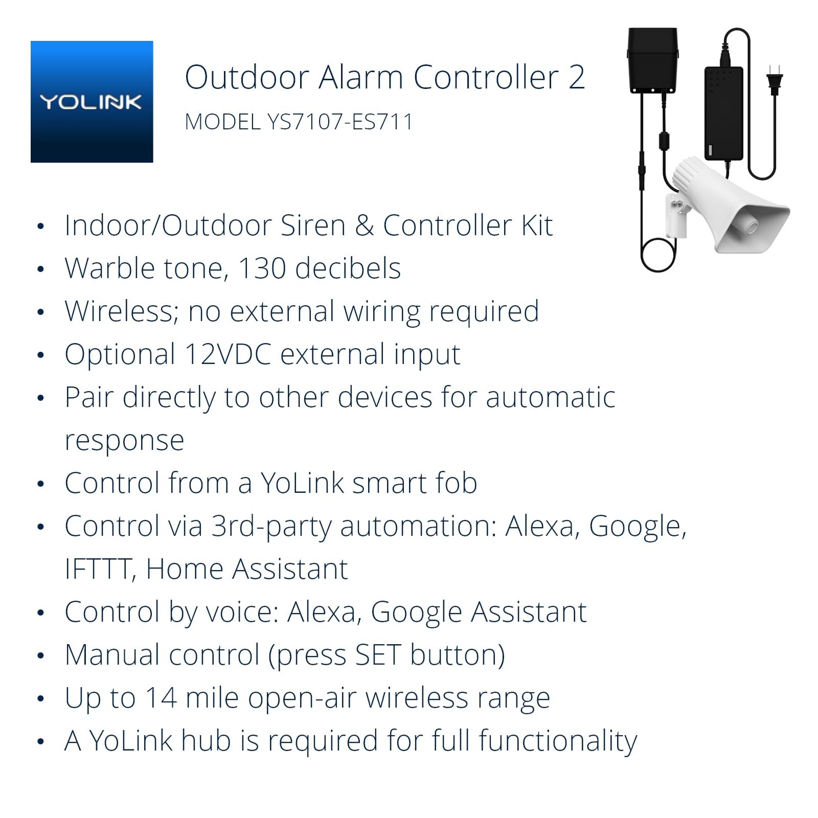 Outdoor Alarm Controller 2, Siren/Alarm/Relay Controller, 12VDC Out, 12VDC in, 130dB Siren with 12VDC on, 110dB Siren with Battery only, YoLink Hub Required for Full-Functionality!