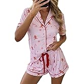 SOLILOQUY Women 2024 Christmas Pajamas Set Cute Graphic Short Sleeve Button Down Shirt + Shorts 2 Piece Sleepwear Loungewear