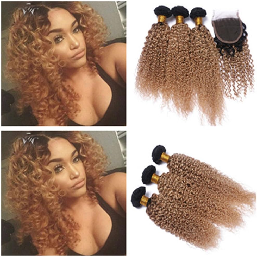 Tony Beauty Hair Kinky Curly Malaysian Virgin Ombre Honey Blonde Human Hair Weave Bundles with Closure 4Pcs Lot #1B/27 Two Tone Ombre 3 Bundle Deals with Lace Closure 4x4 (12 12 12+10)