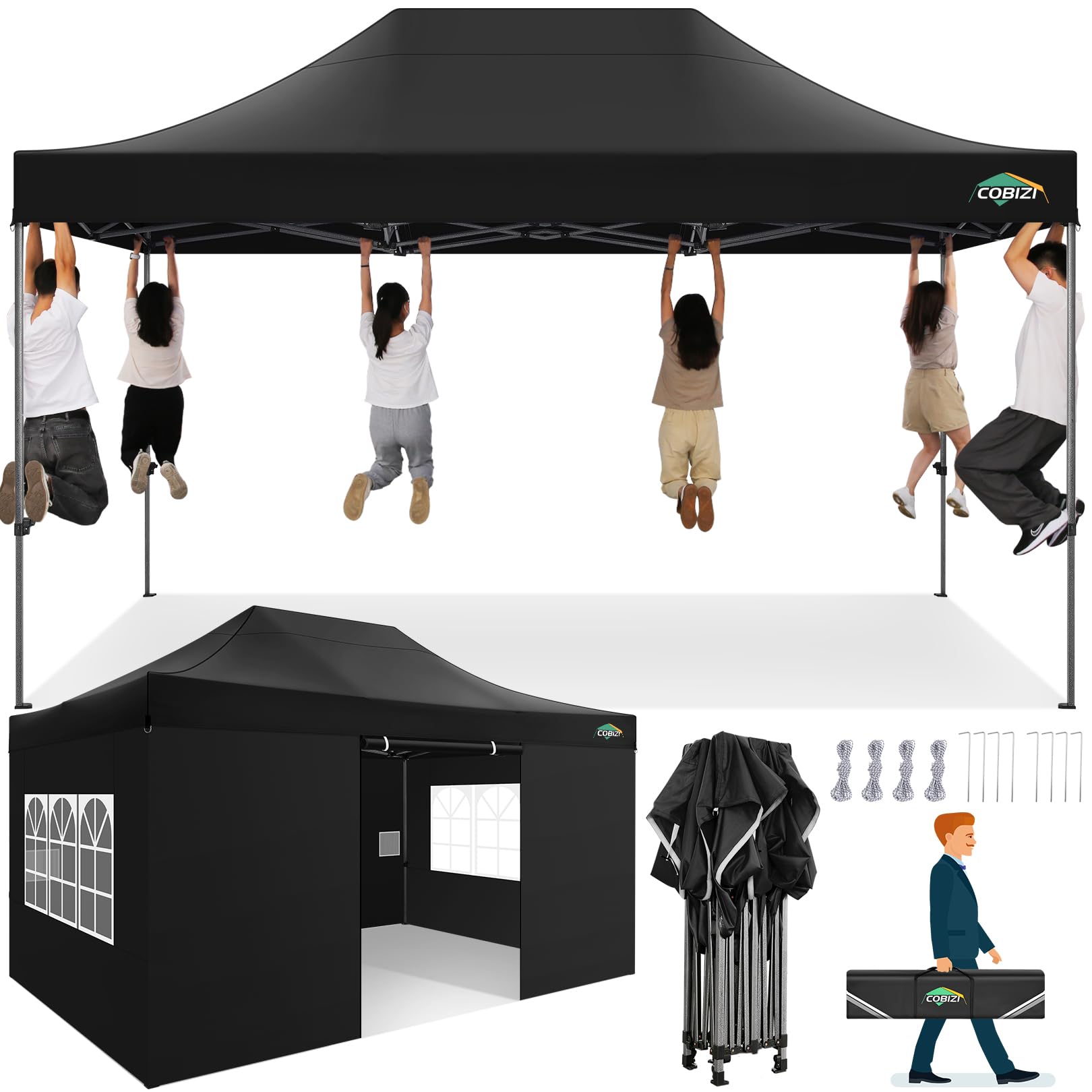 COBIZI Pavillon 3x4,5 wasserdicht stabil Winterfest 3.0, Faltpavillon 3x4,5 Partyzelt, Gartenpavillon UV Schutz mit 4 Seitenteilen Festival Partyzelt Sonnenschutz Pavillon, Schwarz