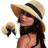 DRESHOW Sun Hats for Women Travel Fedora Foldable Beach Sun Hat Summer Wide Brim Straw Bucket Hat with Bowknot UPF 50+