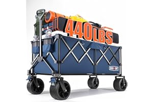 Overmont 45'' Collapsible Foldable Extended Wagon Cart - 300L Heavy Duty 440lbs Large Capacity Folding Utility Wagon with All-Terrain Wide Wheels for Camping Sports Grocery Picnic