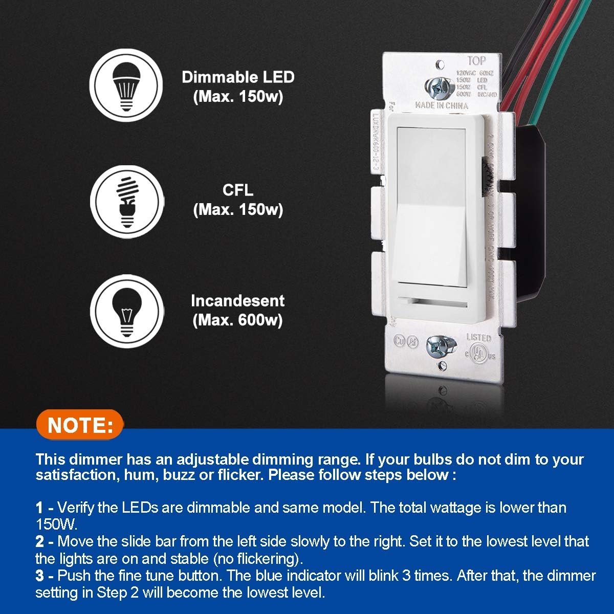 (5 Pack) CML Dimmer Light Switch for LED Lights, Single Pole or 3 Way, 120V, 3-Year Warranty, UL Listed: Industrial & Scientific