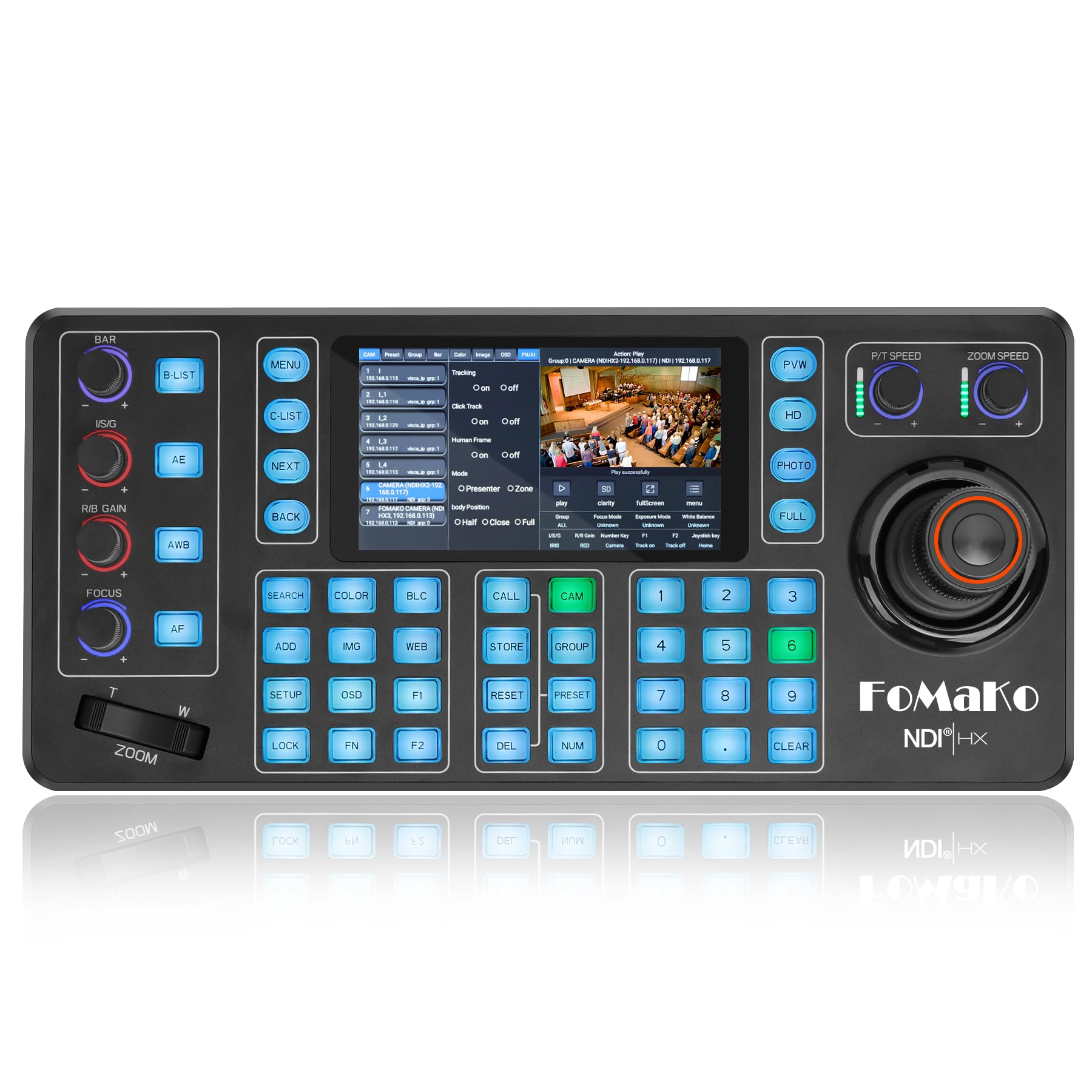 FoMaKo NDI PTZ Camera Controller KC608N – 5.5" Capacitive Touchscreen, 4K Preview, 4D Hall Joystick, PoE, VISCA/Pelco/NDI HX Support – for Church, Worship, Education, Conference & Live Events