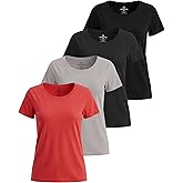 Real Essentials 4 Pack: Women's Cotton Short Sleeve T-Shirt - Casual Scoop Crew Neck Tops Tee (Available in Plus Size)