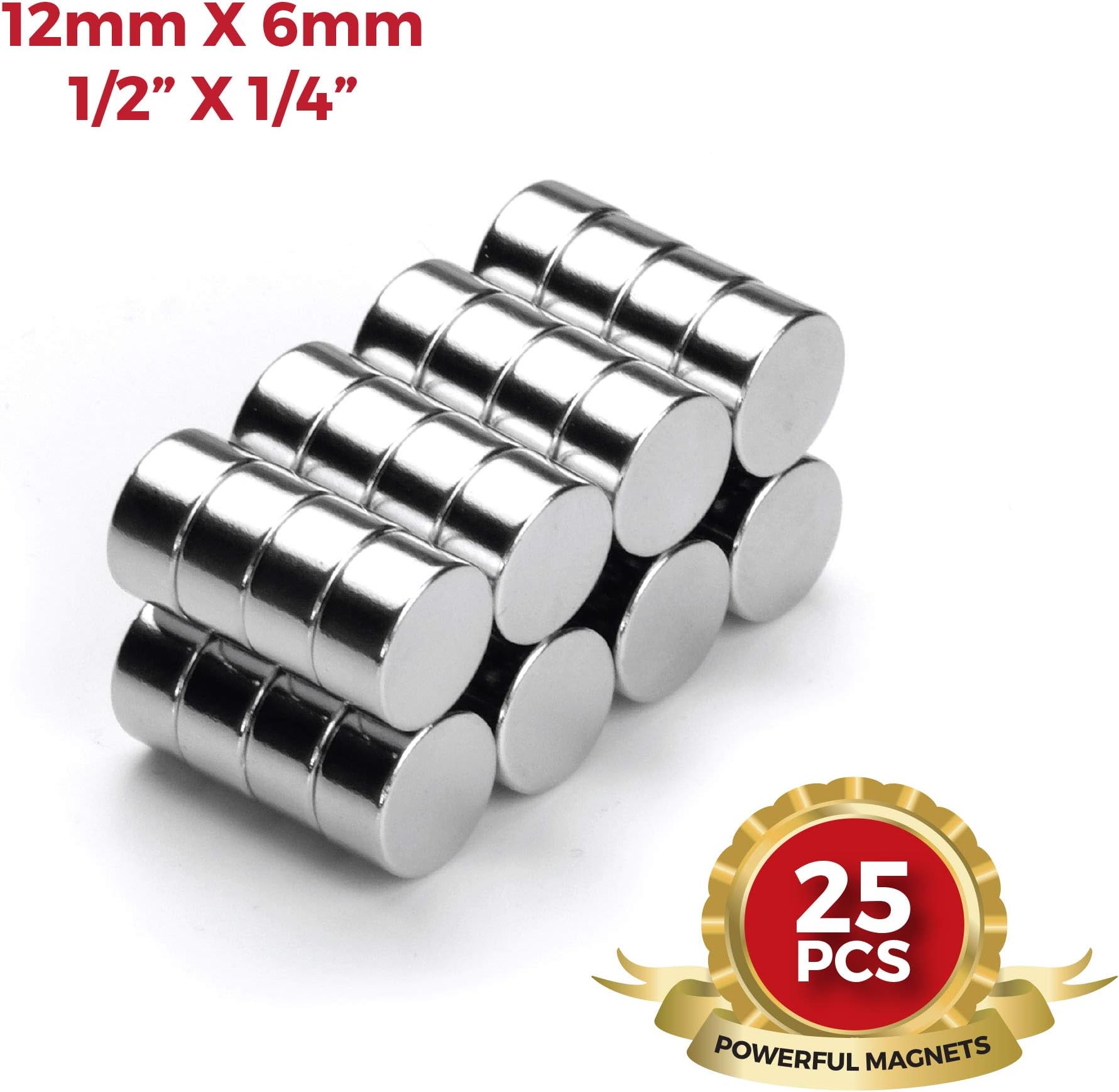12mm x 6mm 1/2" x 1/4" Round Disc Magnets 12x6mm for Refrigerator, Science, Crafts, Arts, Whiteboard, DIY, by NEOGAUSS N52 (25)