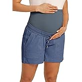 Maacie Maternity Cotton Shorts Casual Drawstring High Waist Shorts with Pockets